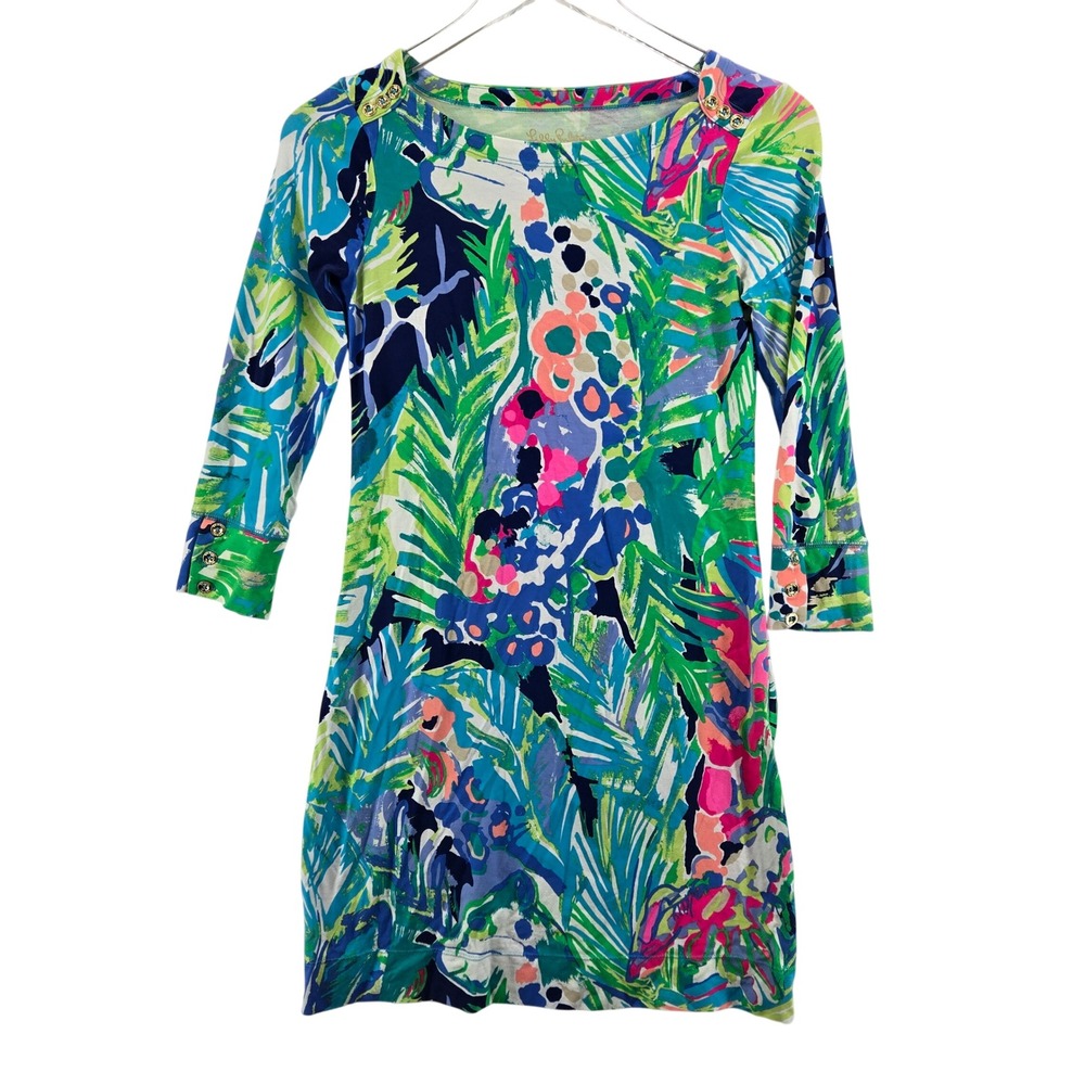Lilly Pulitzer Sophie Dress XXS Tropical Palm Floral Gold Button Shift Travel